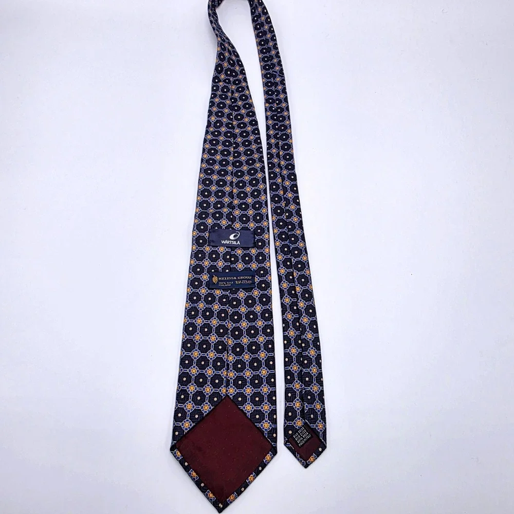 Wartsila Melissa Group Navy Blue Gold Silk Geometric Medallion Tie Made in Italy
